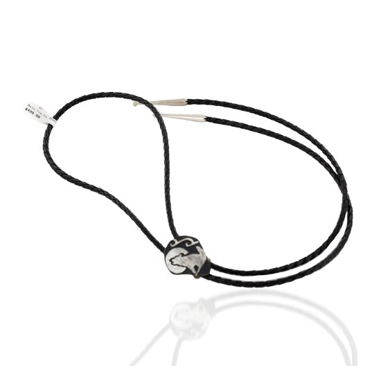 .925 Sterling Silver Leather Handmade Wolf Certified Authentic Navajo Native American Bolo Tie 24417-1 .925 Sterling Silver Leather Handmade Wolf Certified Authentic Navajo Native American Bolo Tie 24417-1