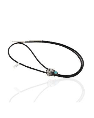 Handmade Certified Authentic Storyteller Leather Navajo .925 Sterling Silver Natural Turquoise Native American Bolo Tie  24417-2-2