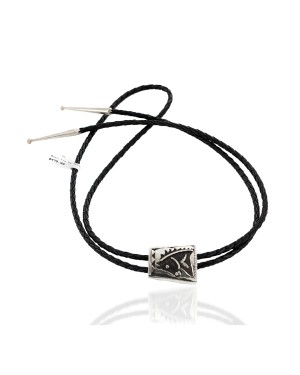 Handmade Horse Certified Authentic Leather Navajo .925 Sterling Silver Native American Bolo Tie  24418-1
