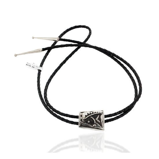Handmade Horse Certified Authentic Leather Navajo .925 Sterling Silver Native American Bolo Tie  24418-1