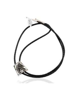 Handmade Certified Authentic Horse Leather Navajo .925 Sterling Silver Native American Bolo Tie  24419-1