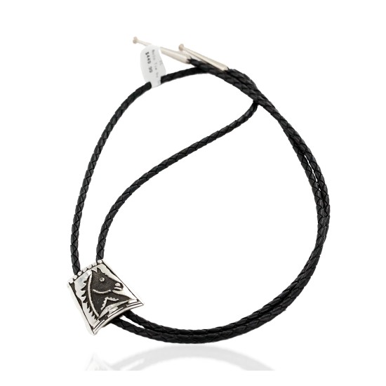 Handmade Certified Authentic Horse Leather Navajo .925 Sterling Silver Native American Bolo Tie  24419-1
