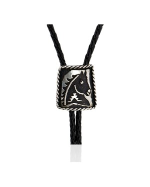 Handmade Certified Authentic Horse Leather Navajo .925 Sterling Silver Native American Bolo Tie  24419-2