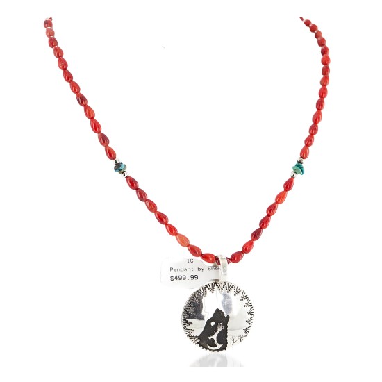 Certified Authentic Wolf .925 Sterling Silver Handmade Natural Turquoise Coral Native American Necklace  24420-2-15771