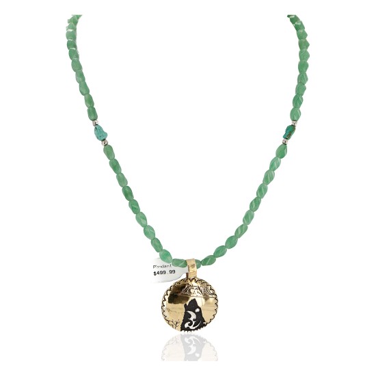 Certified Authentic Wolf 12kt Gold Filled and .925 Sterling Silver Handmade Natural Turquoise Jade Native American Necklace 24420-4-10225