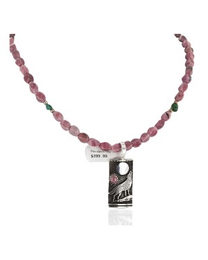 .925 Sterling Silver Handmade Wolf and Moon Certified Authentic Navajo Natural Charoite Native American Necklace 24421-1-16047-3
