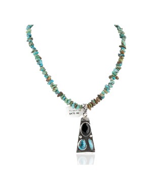 Certified Authentic .925 Sterling Silver Handmade Natural Turquoise Black Onyx Native American Necklace 24422-4-16070