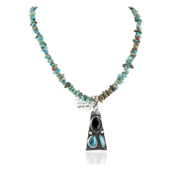 Certified Authentic .925 Sterling Silver Handmade Natural Turquoise Black Onyx Native American Necklace 24422-4-16070