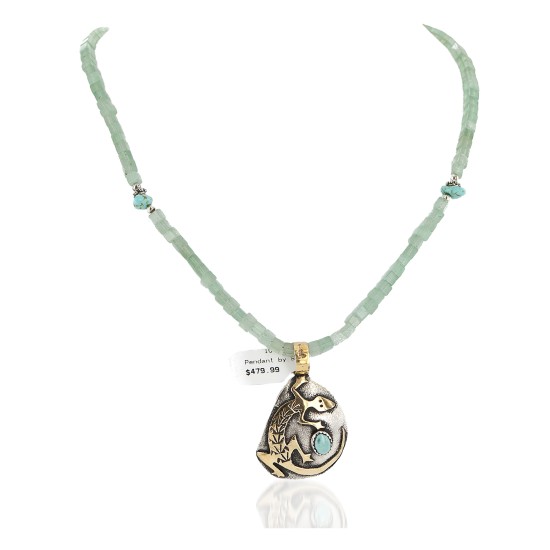 Certified Authentic 12kt Gold Filled and .925 Sterling Silver Handmade Gecko Turquoise Jade Native American Necklace  24422-5-790101