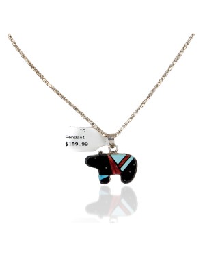 Certified Authentic Bear Navajo .925 Sterling Silver Inlay Natural Turquoise Spiny Oyster Black Onyx Native American Necklace 24423-201