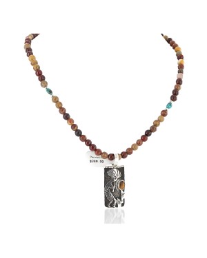 Certified Authentic .925 Sterling Silver Kokopelli Handmade Natural Turquoise Tigers Eye Agate Native American Necklace 24424-2-10217