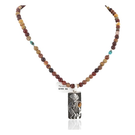 Certified Authentic .925 Sterling Silver Kokopelli Handmade Natural Turquoise Tigers Eye Agate Native American Necklace 24424-2-10217