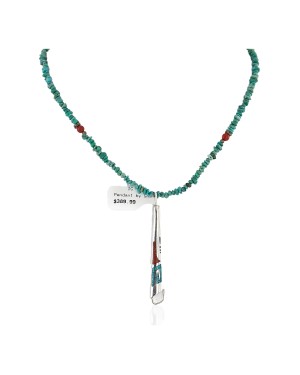 .925 Sterling Silver Handmade Certified Authentic Navajo Natural Chips Turquoise Chips Coral Native American Necklace 24434-15771
