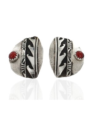 .925 Sterling Silver Wave Handmade Certified Authentic Navajo Natural Coral Stud Native American Earrings 24439-2