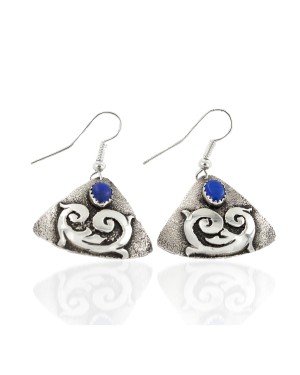 .925 Sterling Silver Handmade Certified Authentic Navajo Natural Lapis Dangle Native American Earrings 24439-3