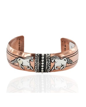 Handmade Certified Authentic Horse Navajo .925 Sterling Silver and Pure Copper Native American Bracelet 24442-1
