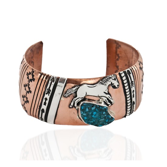 Handmade Certified Authentic Horse Navajo .925 Sterling Silver and Pure Copper Natural Chips Turquoise Wide Native American Bracelet 24443