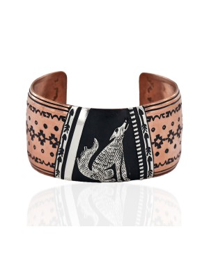 Handmade Certified Authentic Wolf Navajo .925 Sterling Silver and Pure Copper Wide Native American Bracelet 24444