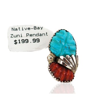 .925 Sterling Silver Certified Authentic Zuni Signed Coral Natural Turquoise Native American Pendant 24484