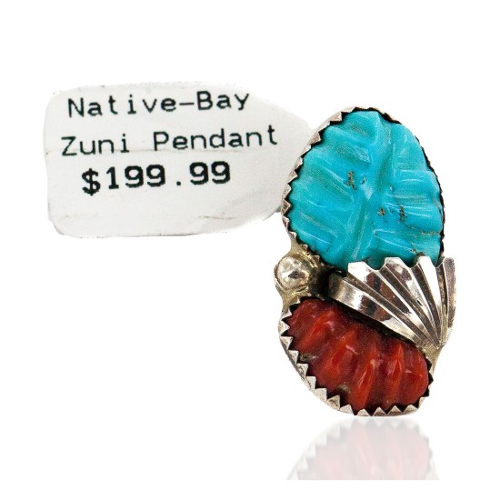 .925 Sterling Silver Certified Authentic Zuni Signed Coral Natural Turquoise Native American Pendant 24484