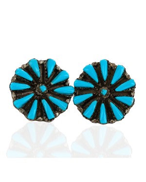 .925 Sterling Silver Handmade Certified Authentic Zuni Natural Turquoise Native American Stud Earrings 24485