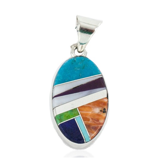 Oval Navajo Certified Authentic .925 Sterling Silver Natural Multicolor Real Handmade Native American Inlaid Pendant 24490-1