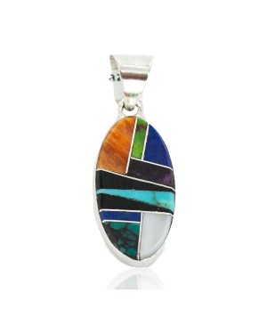 Oval Navajo Certified Authentic .925 Sterling Silver Natural Multicolor Real Handmade Native American Inlaid Pendant 24490-12