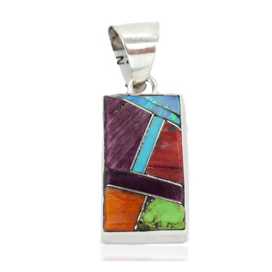 Certified Authentic Rectangle Navajo .925 Sterling Silver Natural Multicolor Real Handmade Native American Inlaid Pendant 24490-13