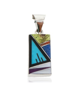 Navajo Certified Authentic Rectangle .925 Sterling Silver Natural Multicolor Real Handmade Native American Inlaid Pendant 24490-15