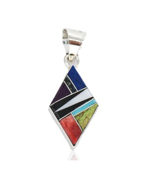 Navajo Rhombus .925 Sterling Silver Natural Multicolor Certified Authentic Real Handmade Native American Inlaid Pendant 24490-16
