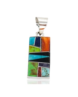 Navajo Rectangle Certified Authentic .925 Sterling Silver Natural Multicolor Real Handmade Native American Inlaid Pendant 24490-17