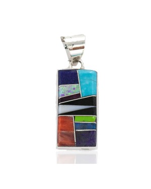 Navajo Rectangle .925 Sterling Silver Natural Multicolor Certified Authentic Real Handmade Native American Inlaid Pendant 24490-18