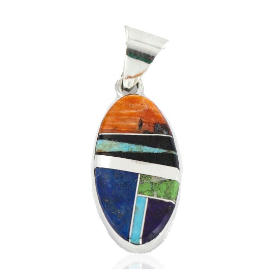 Navajo Oval Certified Authentic .925 Sterling Silver Natural Multicolor Real Handmade Native American Inlaid Pendant 24490-2