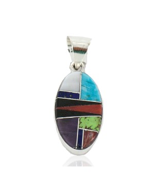 Oval Certified Authentic .925 Sterling Silver Navajo Natural Multicolor Real Handmade Native American Inlaid Pendant 24490-5