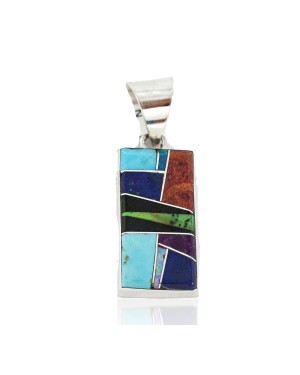 Rectangle Certified Authentic Navajo .925 Sterling Silver Natural Multicolor Real Handmade Native American Inlaid Pendant 24490-6