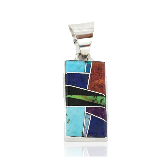 Rectangle Certified Authentic Navajo .925 Sterling Silver Natural Multicolor Real Handmade Native American Inlaid Pendant 24490-6