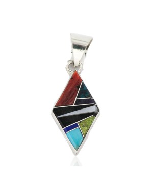 Navajo Rhombus .925 Sterling Silver Certified Authentic Natural Multicolor Real Handmade Native American Inlaid Pendant 24490-9