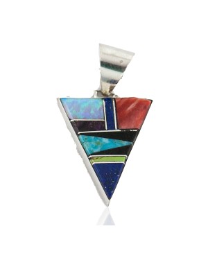 Navajo .925 Sterling Silver Triangle Certified Authentic Natural Multicolor Real Handmade Native American Inlaid Pendant 24491-1