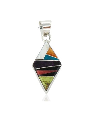 Navajo Rhombus Certified Authentic .925 Sterling Silver Natural Multicolor Real Handmade Native American Inlaid Pendant 24491-10