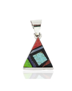 Navajo Certified Authentic Triangle .925 Sterling Silver Natural Multicolor Real Handmade Native American Inlaid Pendant 24491-11