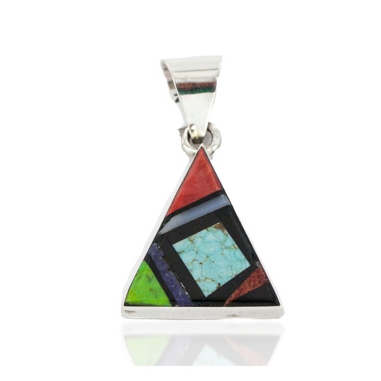 Navajo Certified Authentic Triangle .925 Sterling Silver Natural Multicolor Real Handmade Native American Inlaid Pendant 24491-11