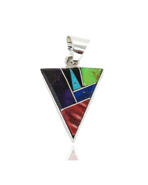 Triangle Navajo .925 Sterling Silver Certified Authentic Natural Multicolor Real Handmade Native American Inlaid Pendant 24491-12