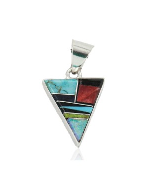 Navajo Triangle .925 Sterling Silver Certified Authentic Natural Multicolor Real Handmade Native American Inlaid Pendant 24491-13