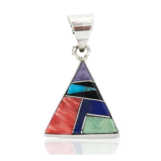 Navajo Certified Authentic Triangle .925 Sterling Silver Natural Multicolor Real Handmade Native American Inlaid Pendant 24491-14