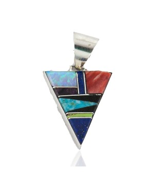 Triangle Navajo .925 Sterling Silver Certified Authentic Natural Multicolor Real Handmade Native American Inlaid Pendant 24491-15
