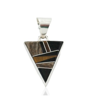 Navajo Triangle .925 Sterling Silver Certified Authentic Natural Jasper Black Onyx Tigers Eye Real Handmade Native American Inlaid Pendant 24491-17