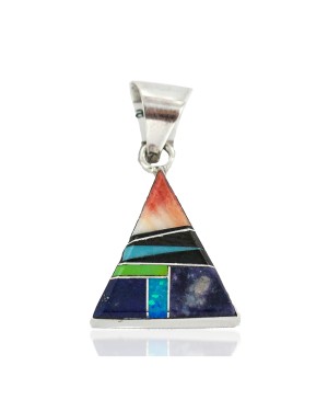 Certified Authentic Navajo Triangle .925 Sterling Silver Natural Multicolor Real Handmade Native American Inlaid Pendant 24491-2