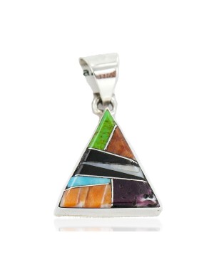 Certified Authentic Triangle Navajo .925 Sterling Silver Natural Multicolor Real Handmade Native American Inlaid Pendant 24491-3