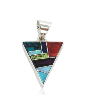Navajo Triangle Certified Authentic .925 Sterling Silver Natural Multicolor Real Handmade Native American Inlaid Pendant 24491-4