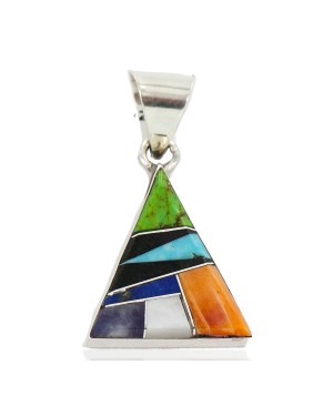 Triangle Navajo Certified Authentic .925 Sterling Silver Natural Multicolor Real Handmade Native American Inlaid Pendant 24491-6